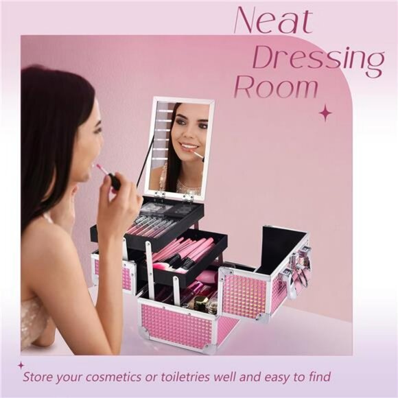 Makeup Train Case Pink Travel Cosmetic Box Lockable Organizer with Mirror - Picture 6 of 7